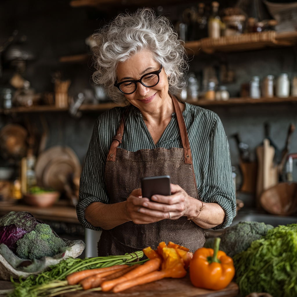 Жінка 52 років щасливо готує здорову їжу за рецептом з нашого додатку