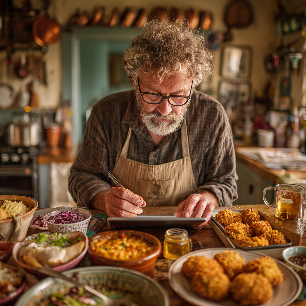 Чоловік 58 років розглядає персональне меню на планшеті за кухонним столом